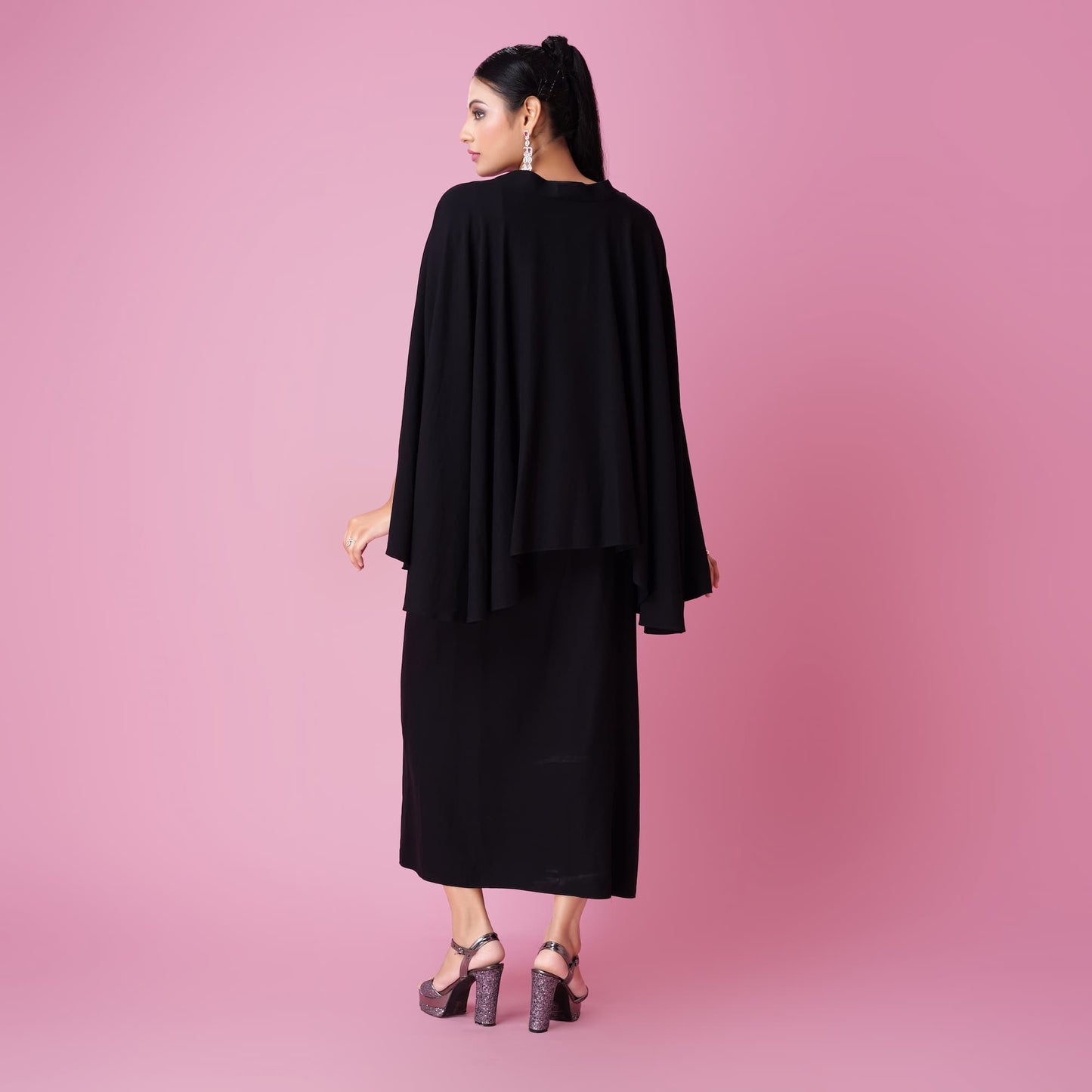 Black Cape Gown With Embellished Detailing