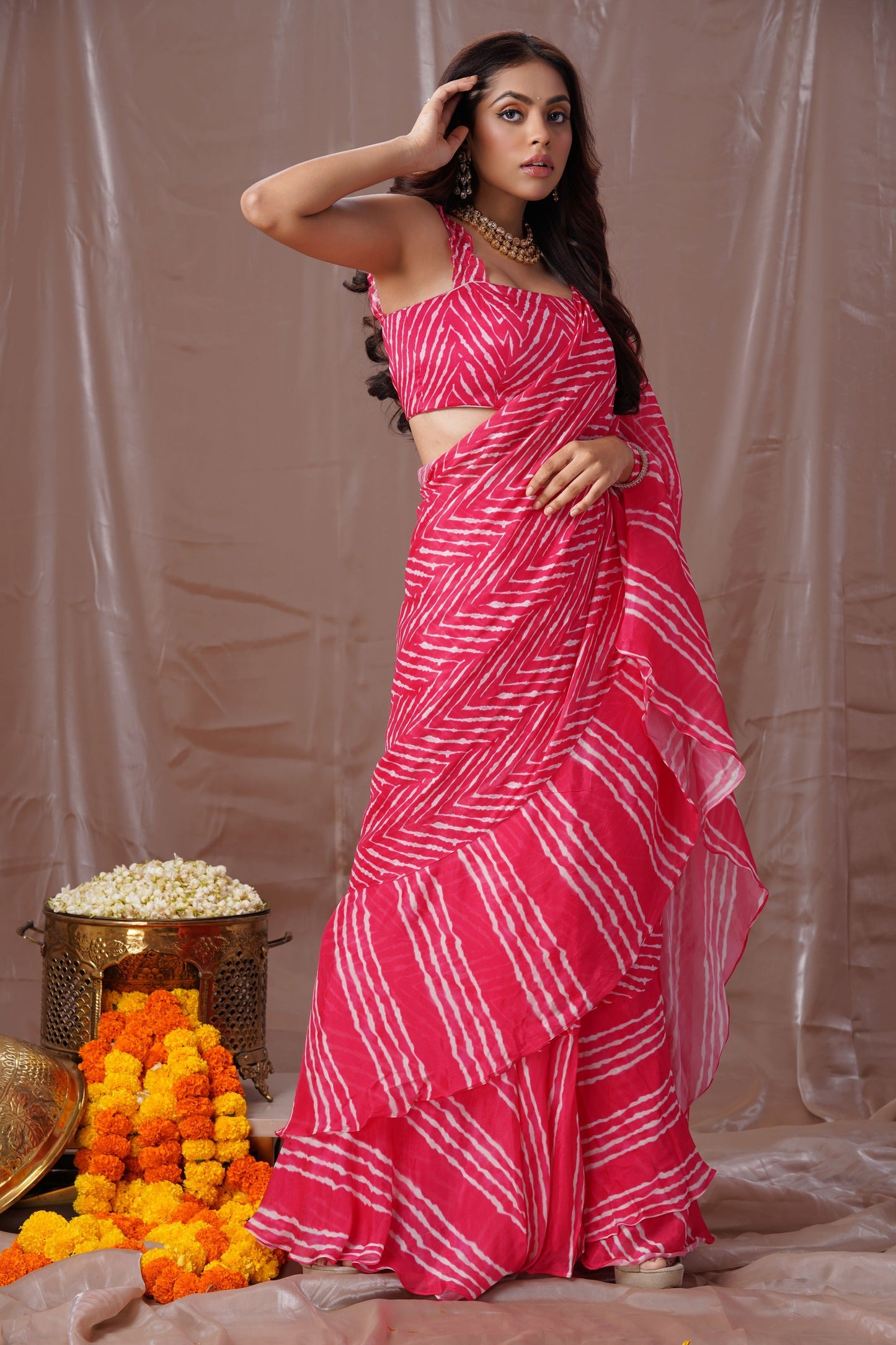 Pink Leheriya Stitched Saree