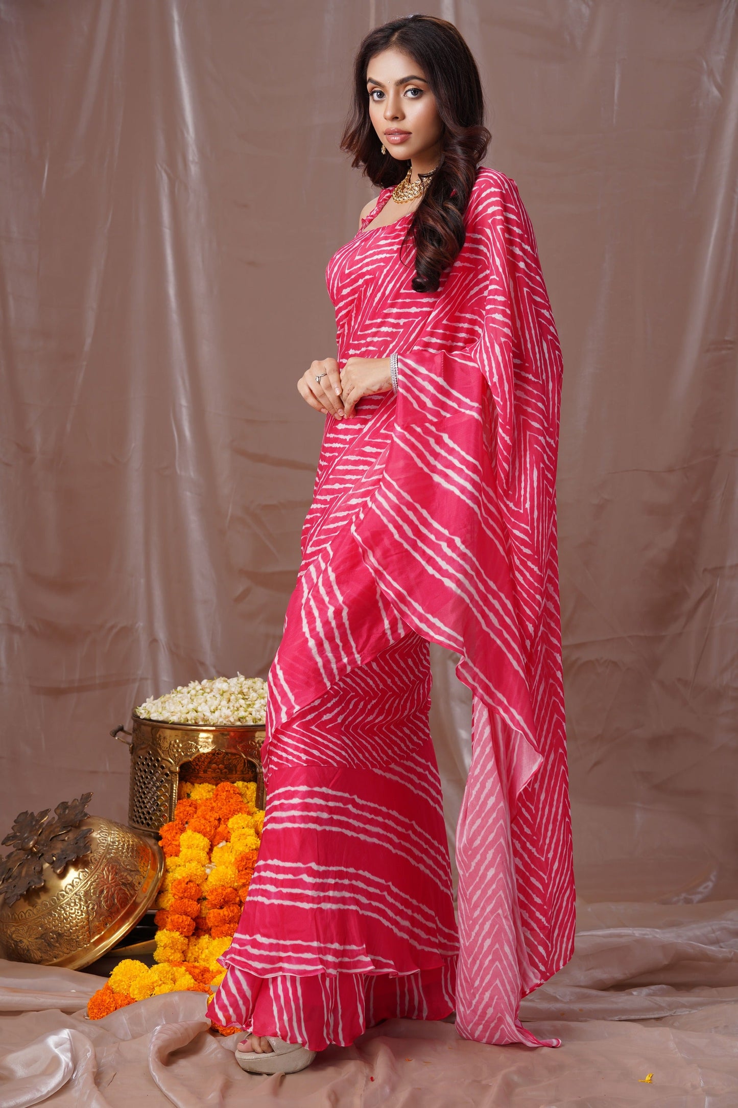 Pink Leheriya Stitched Saree