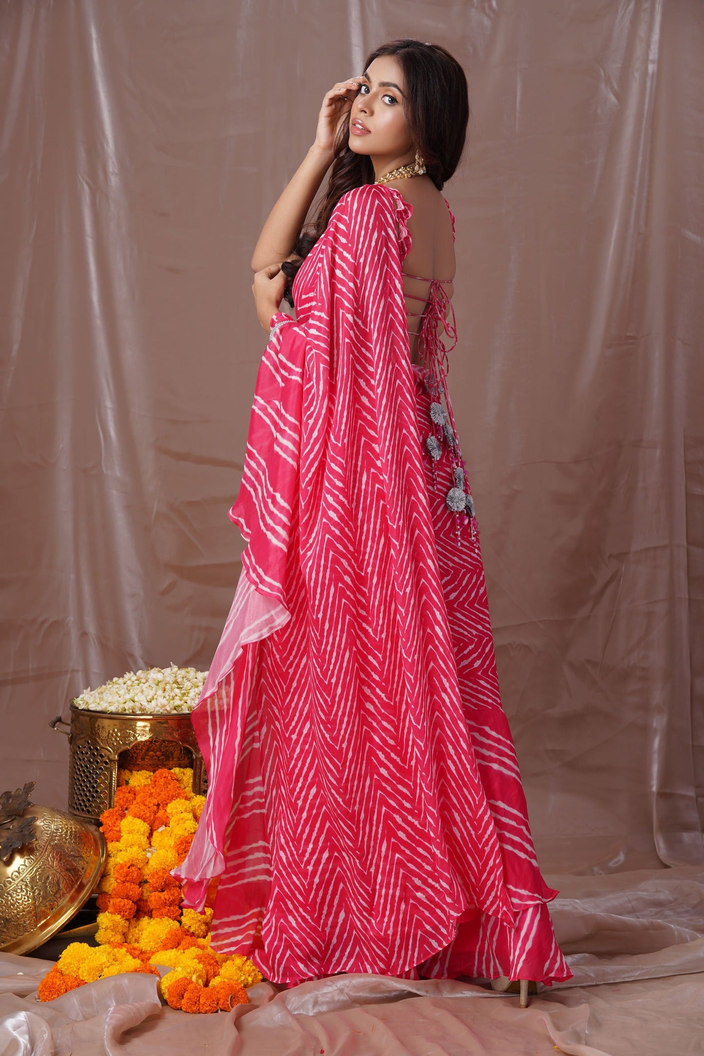 Pink Leheriya Stitched Saree