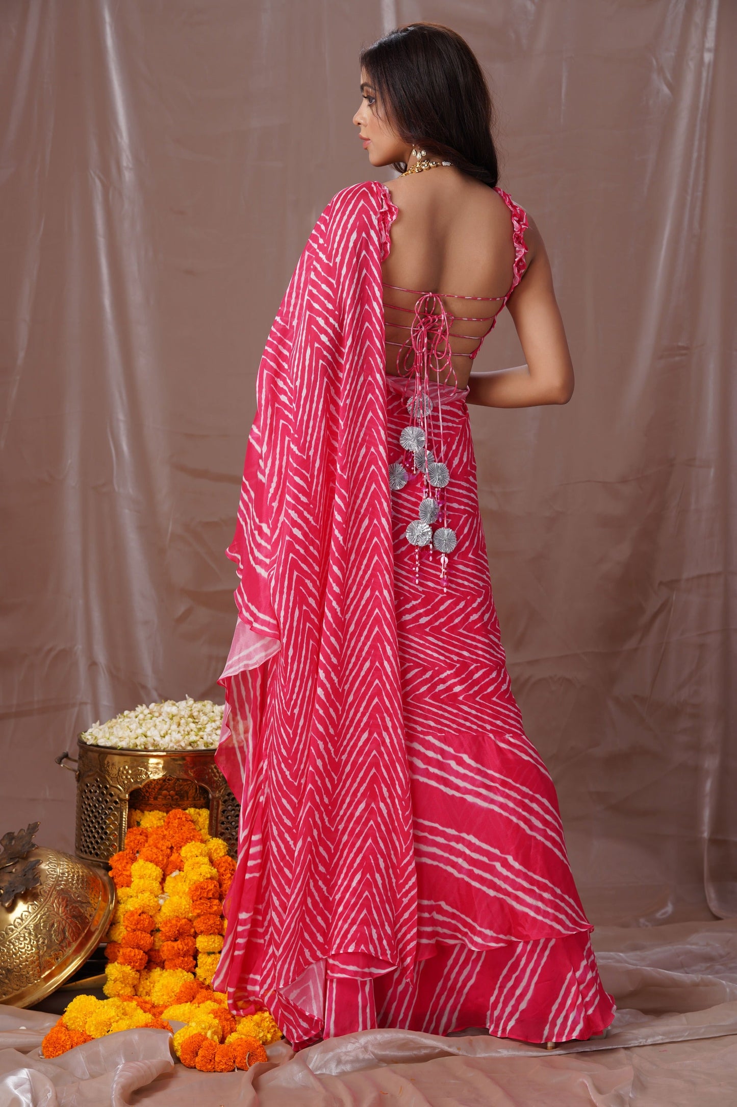 Pink Leheriya Stitched Saree