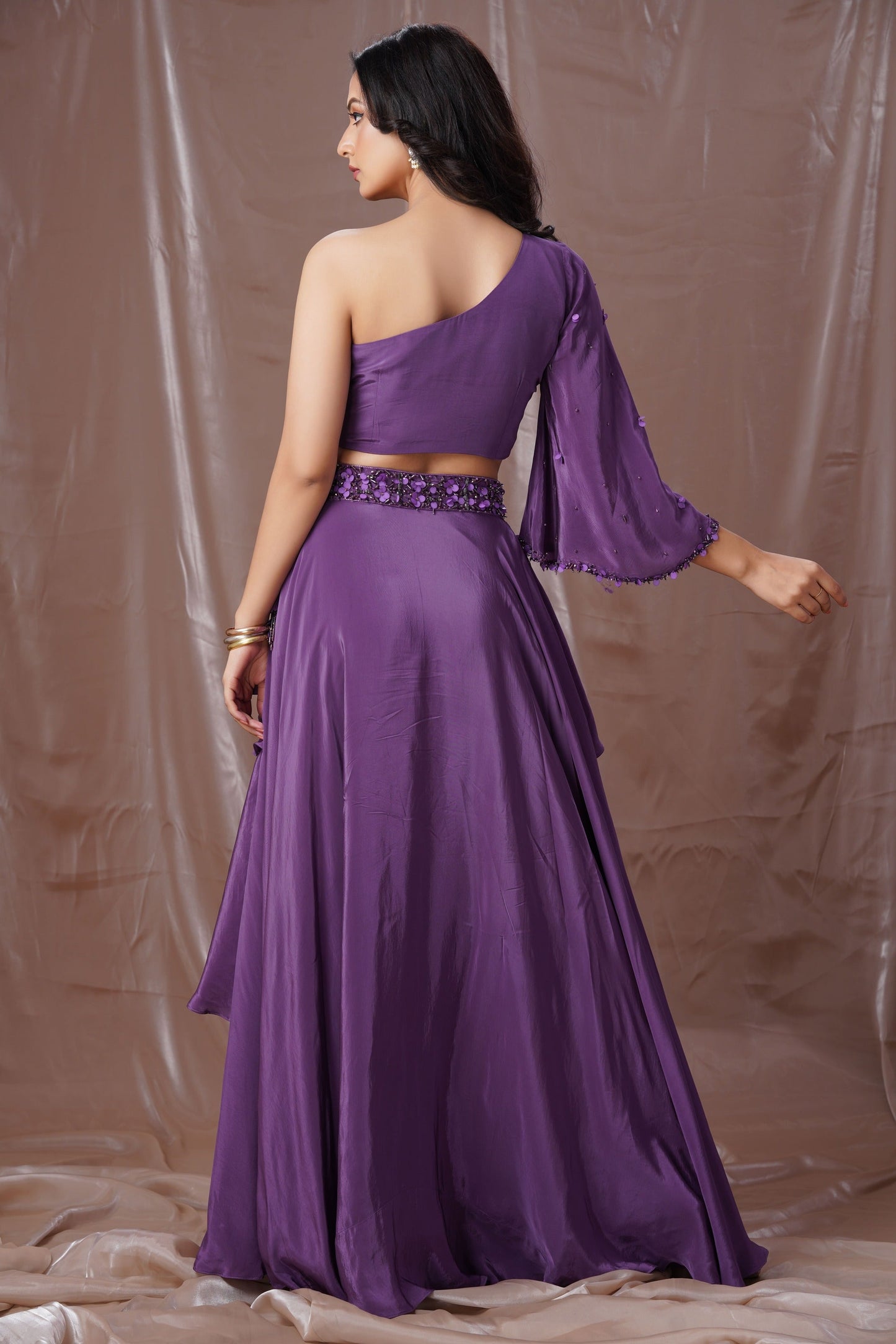Purple Layered Lahenga With One Shoulder Blouse
