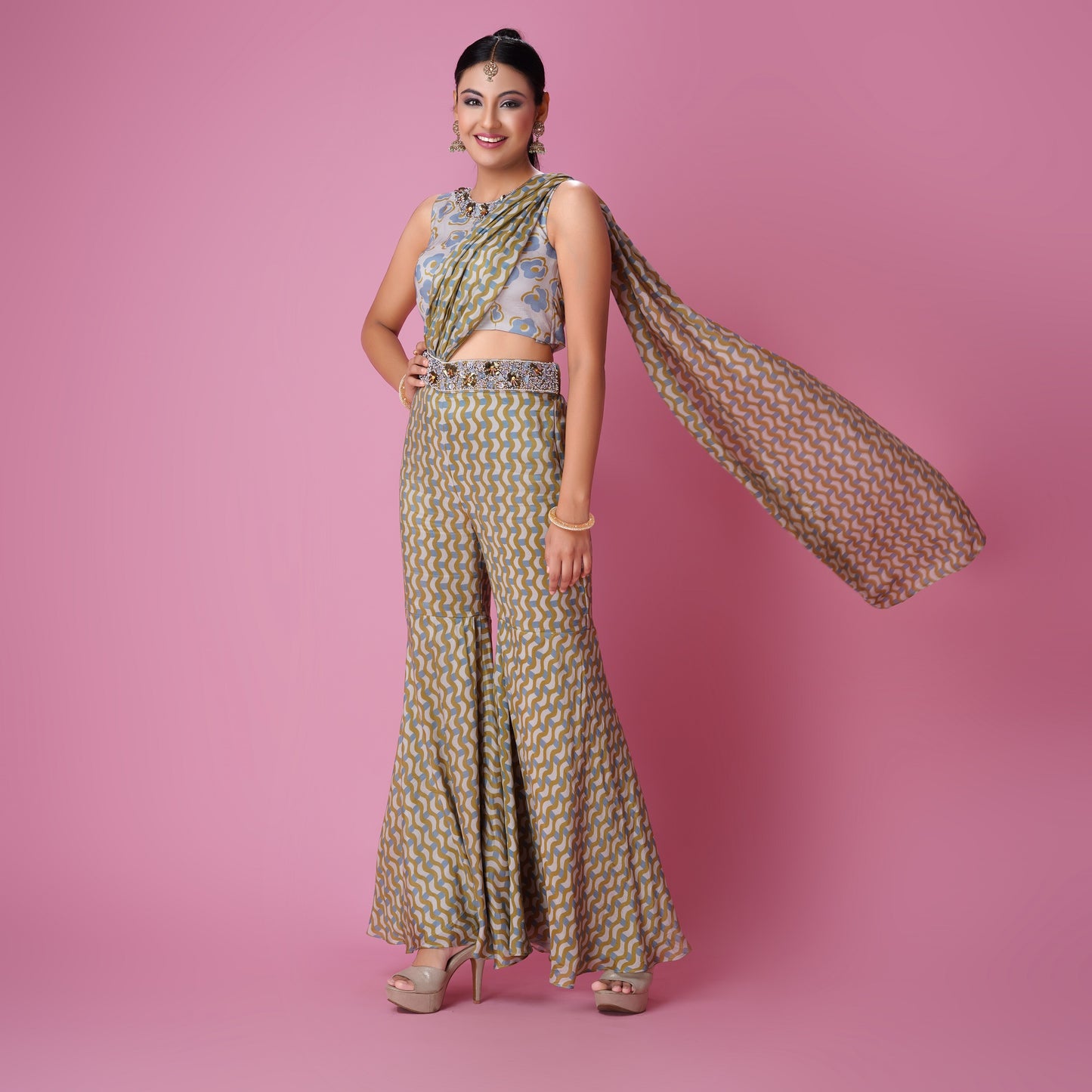 Printed Stitched Sharara Saree
