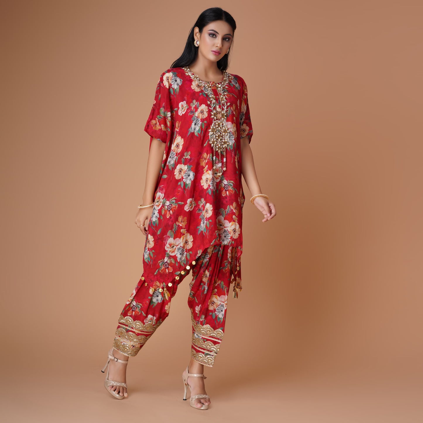 Red Floral Patiala + Kaftan