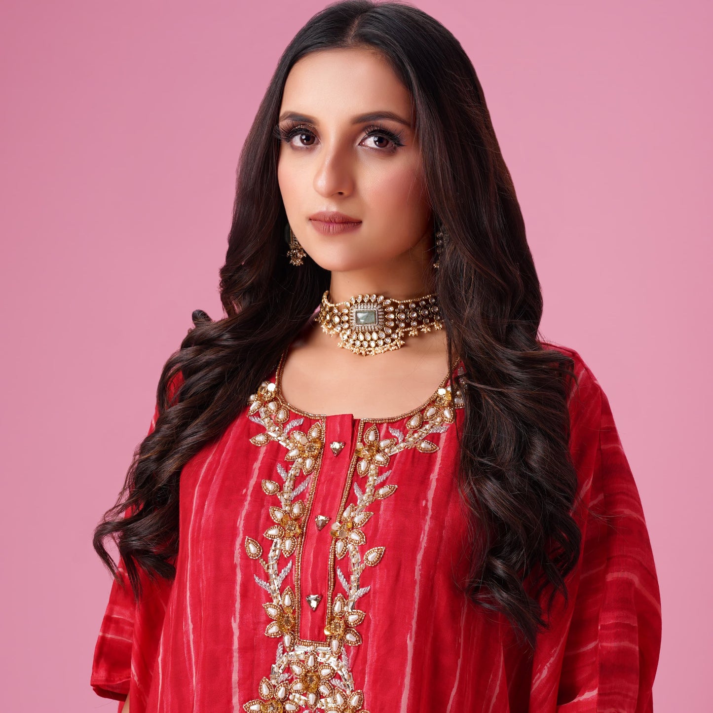 Red Strpies Fusion Kaftan With Patiala