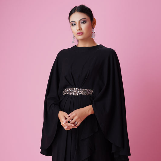 Black cape gown with metallic embellished  detailing