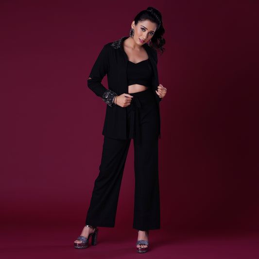 Black Embellished Pantsuit With Cutout Sleeves