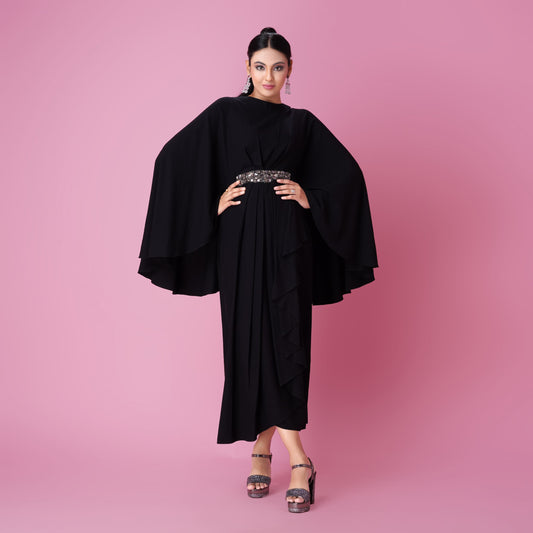 Black Cape Gown With Embellished Detailing