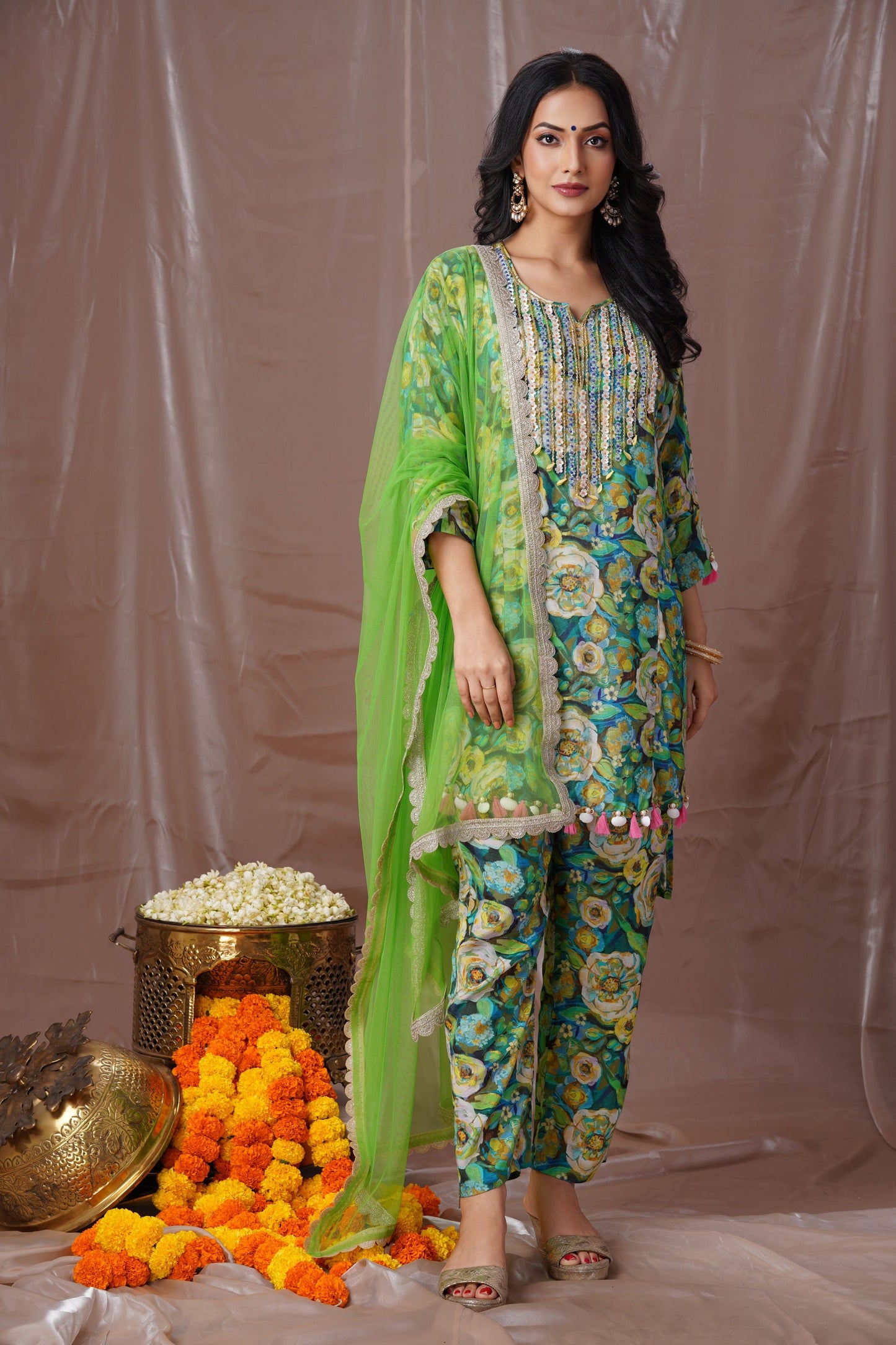 Green Floral Drop Shoulder Suit Set