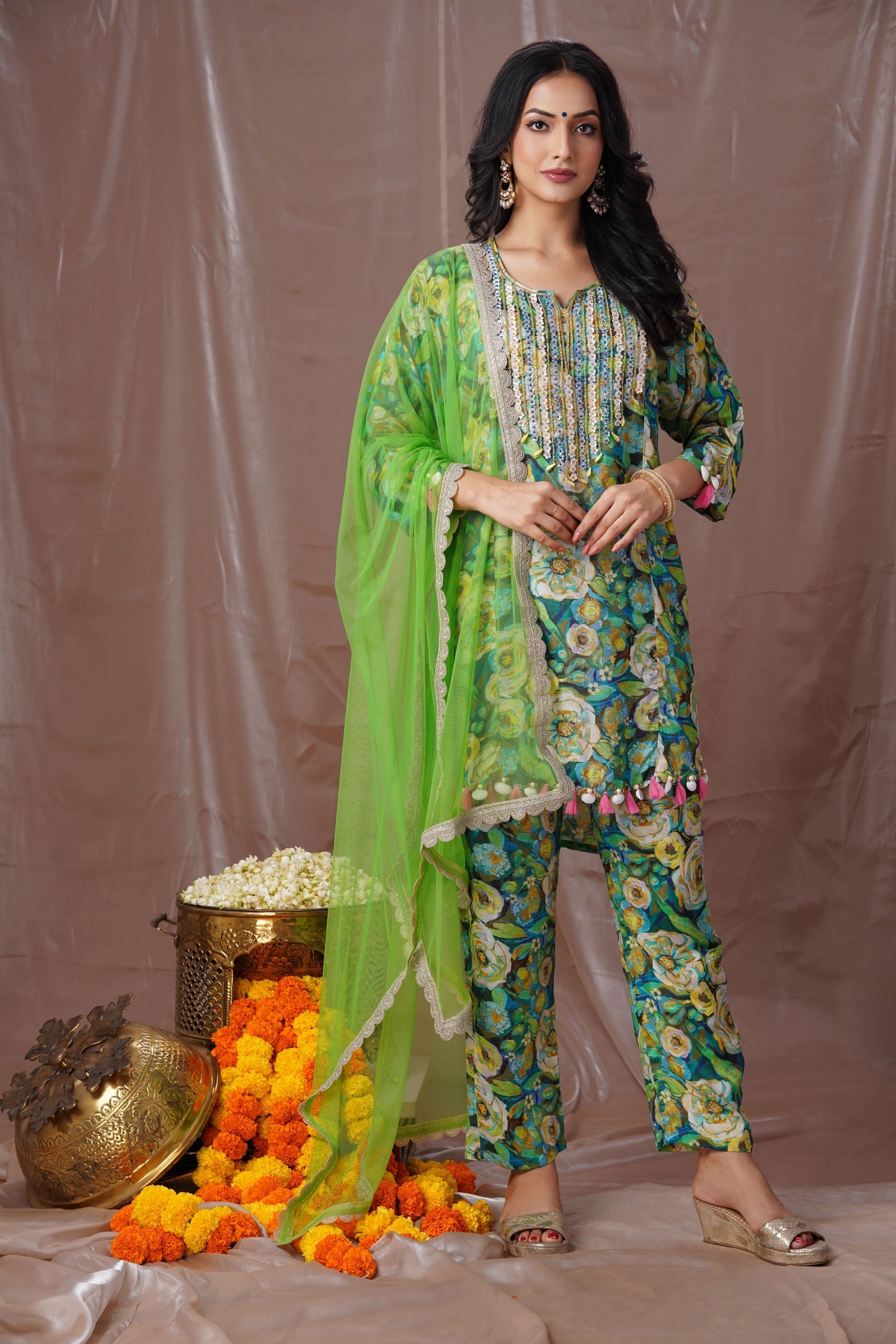 Green Floral Drop Shoulder Suit Set