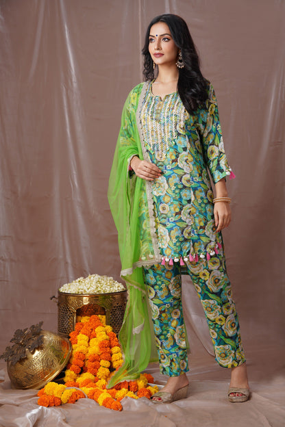 Green Floral Drop Shoulder Suit Set