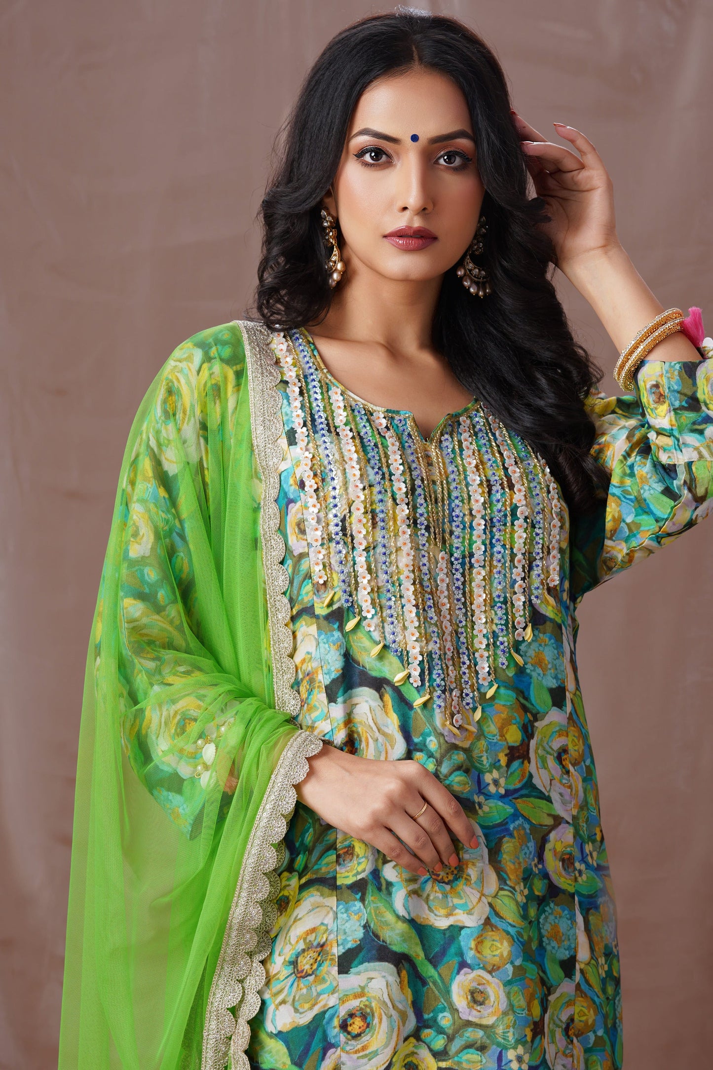 Green Floral Drop Shoulder Suit Set