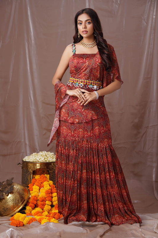 Tangerine Printed Stitched Saree With Embellished Belt