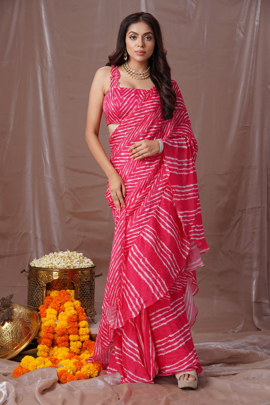 Pink Leheriya Stitched Saree