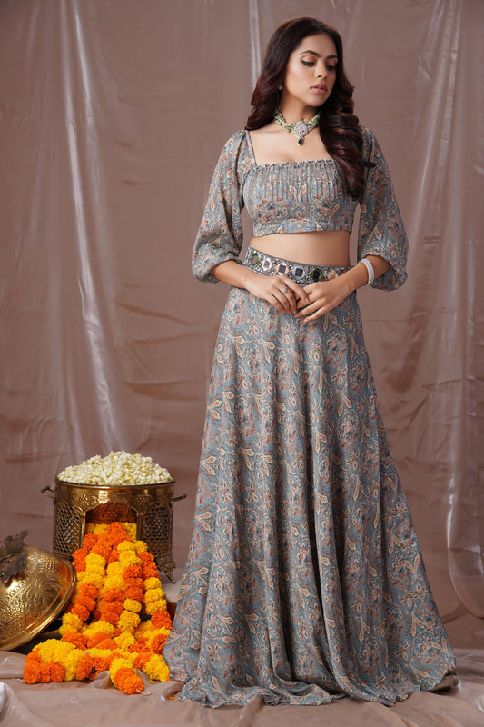 Charcoal Blue Printed Lahenga Set