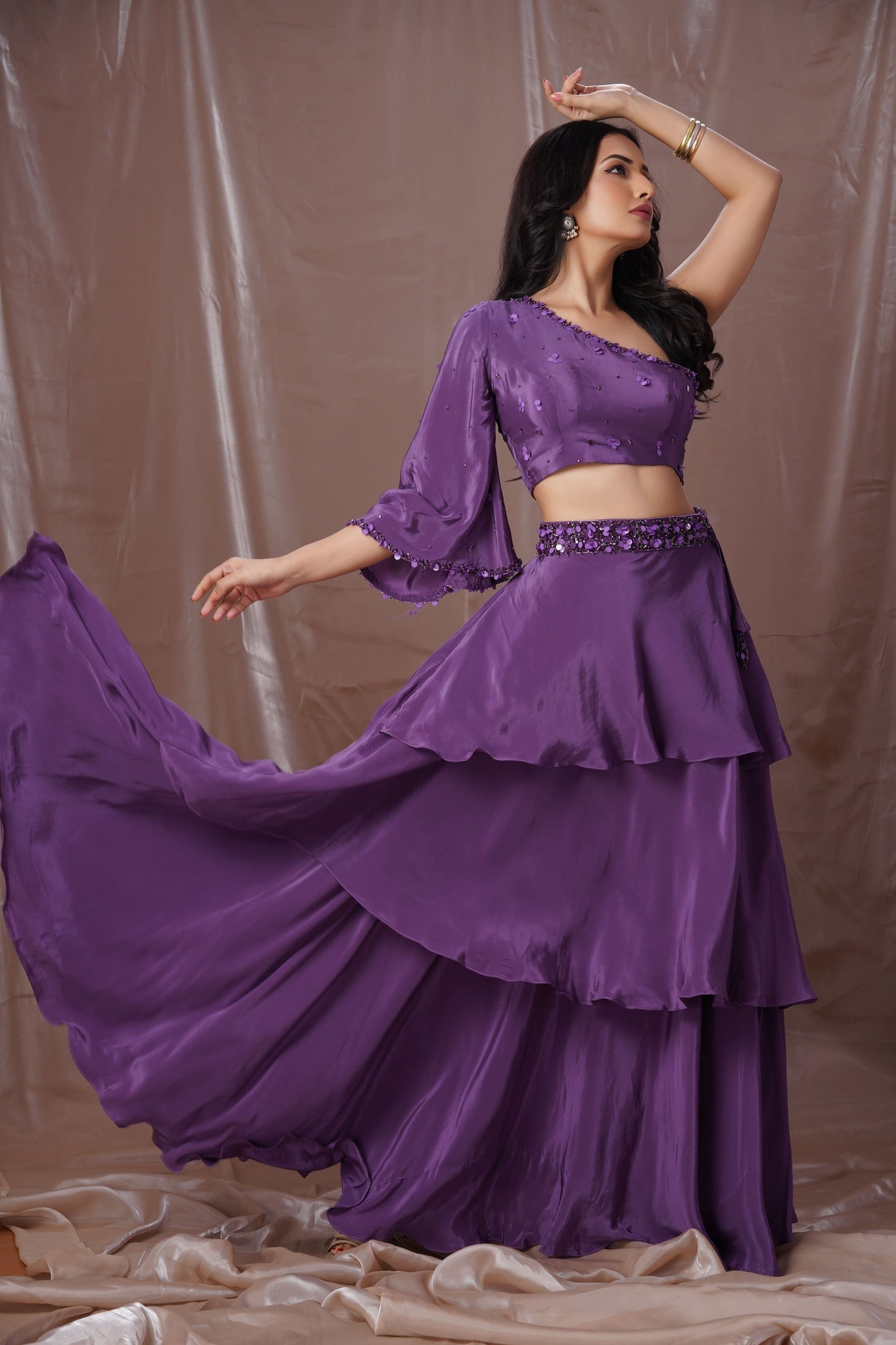 Purple Layered Lahenga With One Shoulder Blouse