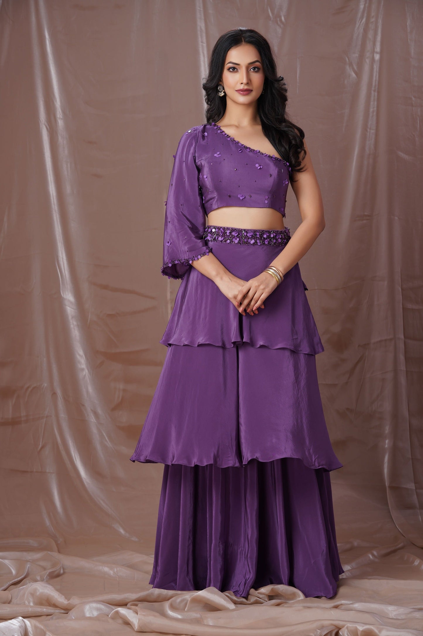 Purple Layered Lahenga With One Shoulder Blouse