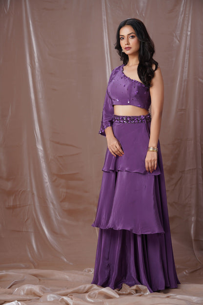 Purple Layered Lahenga With One Shoulder Blouse