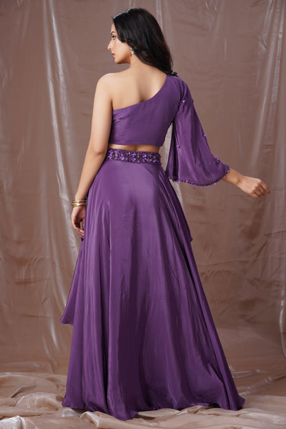 Purple Layered Lahenga With One Shoulder Blouse