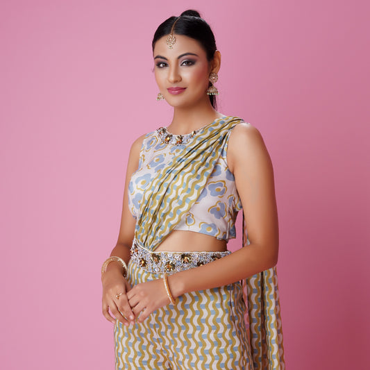 Printed Stitched Sharara Saree