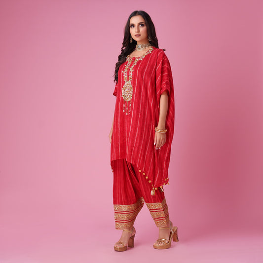 Red Strpies Fusion Kaftan With Patiala