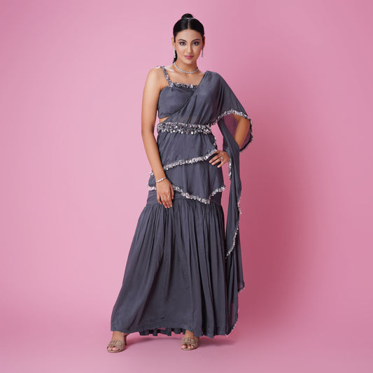 Steel Grey Stitched Saree